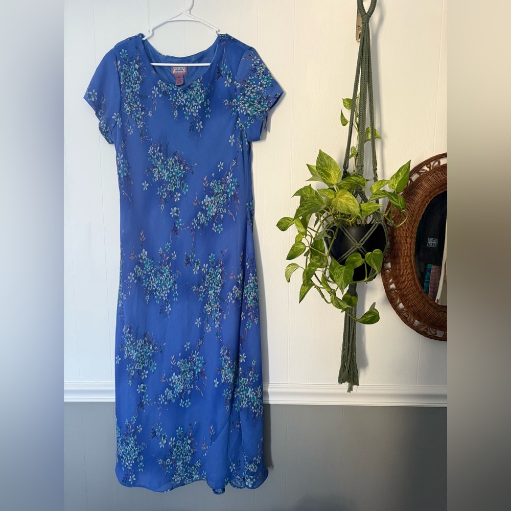 Vintage 90s Blue Easter Floral Spring Long Maxi Dress Cottage Prairie Whimsy L